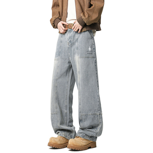 男复古街头宽松百搭阔腿长裤 悟空有货潮牌美式 解构拼接水洗牛仔裤