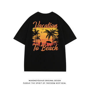 tee 短袖 悟空有货潮牌日落印花纯棉T恤男美式 街头宽松休闲情侣夏季