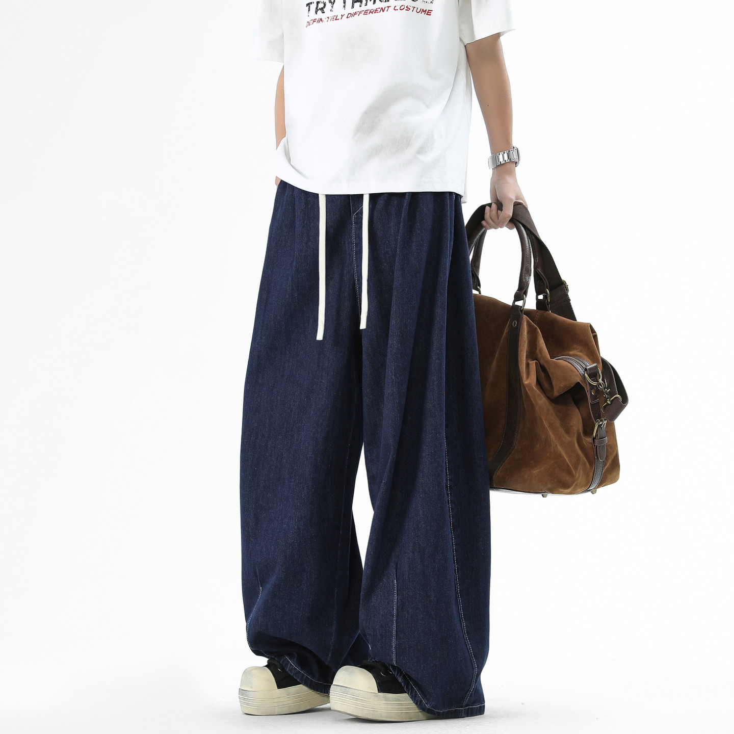 悟空有货潮牌美式抽绳松紧丹宁直筒牛仔裤男复古宽松阔腿百搭长裤,男装,牛仔裤,淘宝优惠券,粉丝福利购,淘宝优惠卷