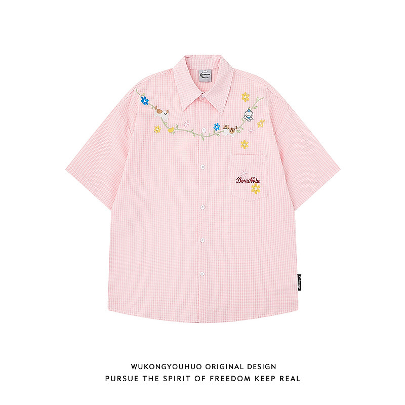 悟空有货夏季潮牌花卉刺绣格子短袖衬衫男女宽松情侣百搭半袖衬衣