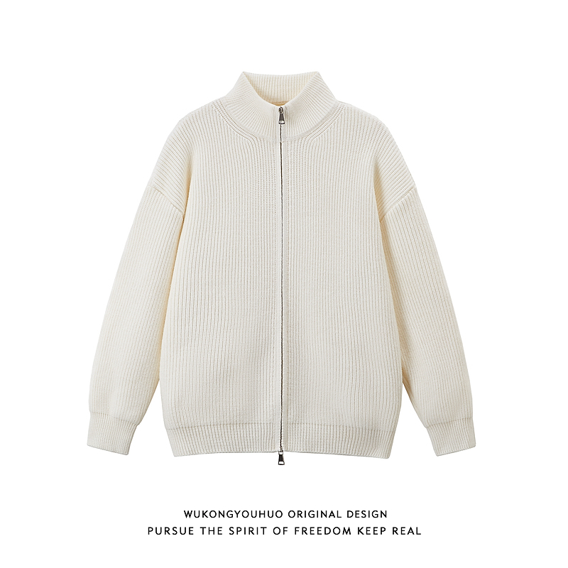 悟空有货秋冬复古简约纯色小高领开衫毛衣男潮牌宽松基础针织外套