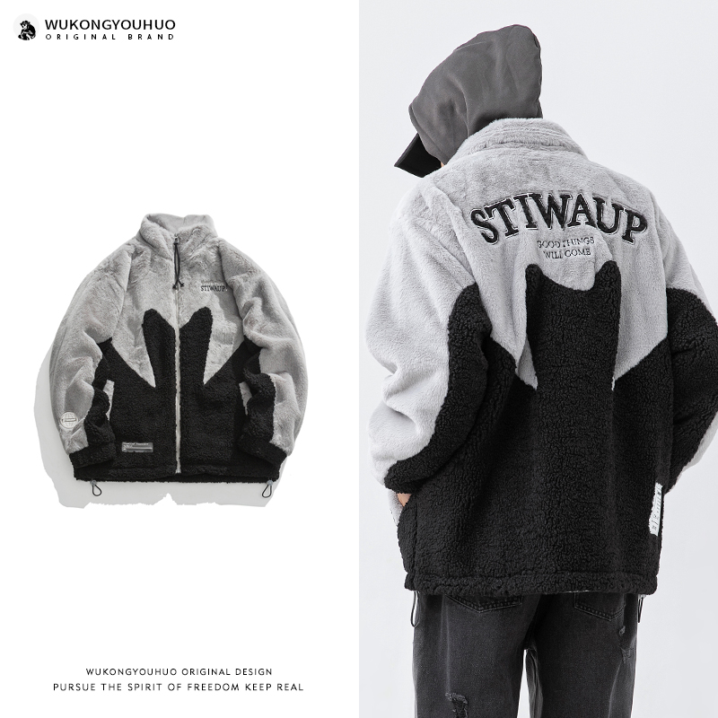 欧美嘻哈拼色刺绣羊羔毛棉衣男女