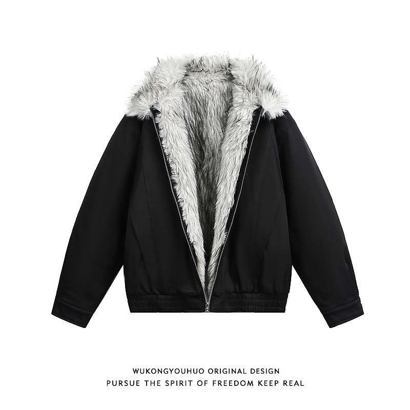 美式复古座山雕毛领加厚棉服男