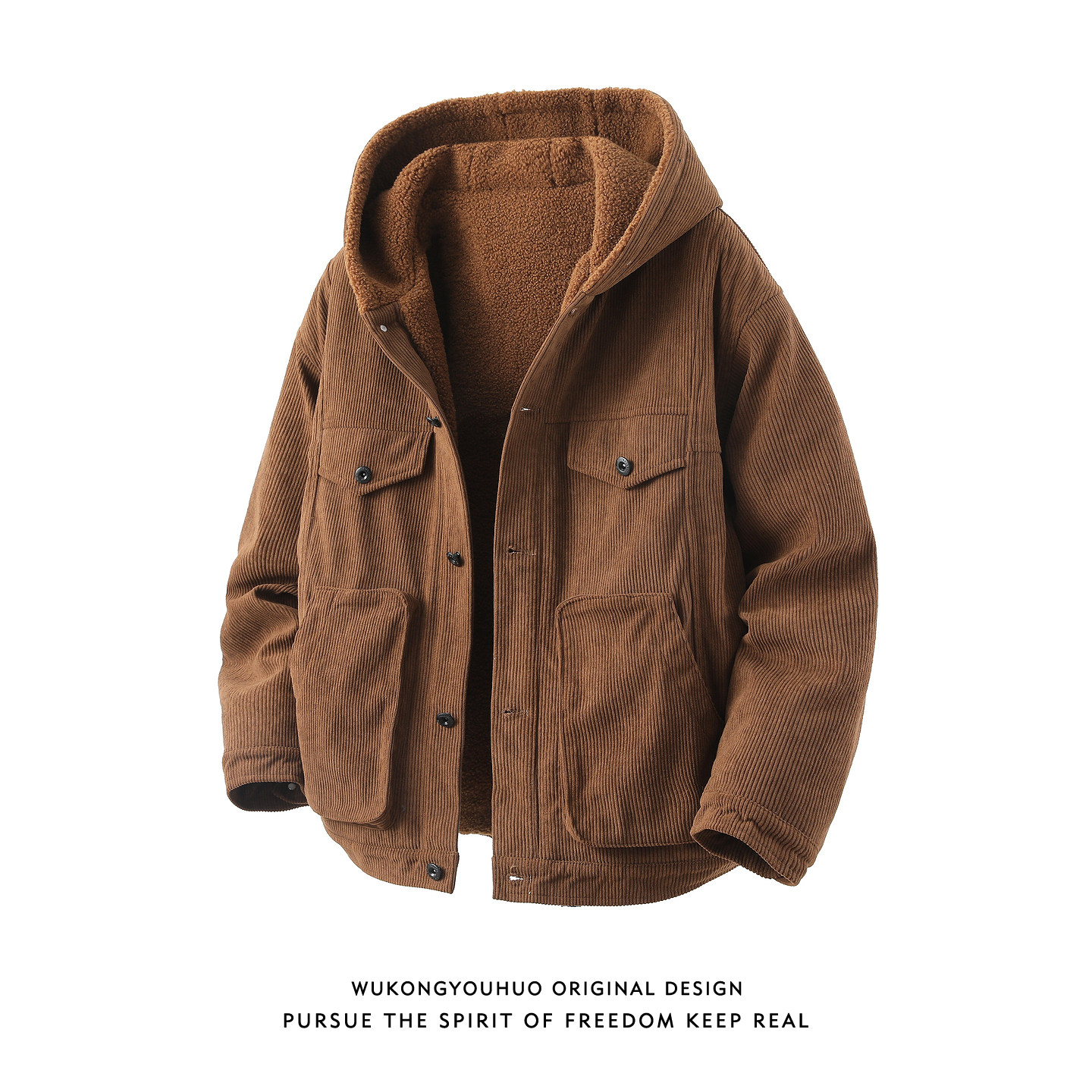 冬季加绒加厚灯芯绒连帽棉衣外套