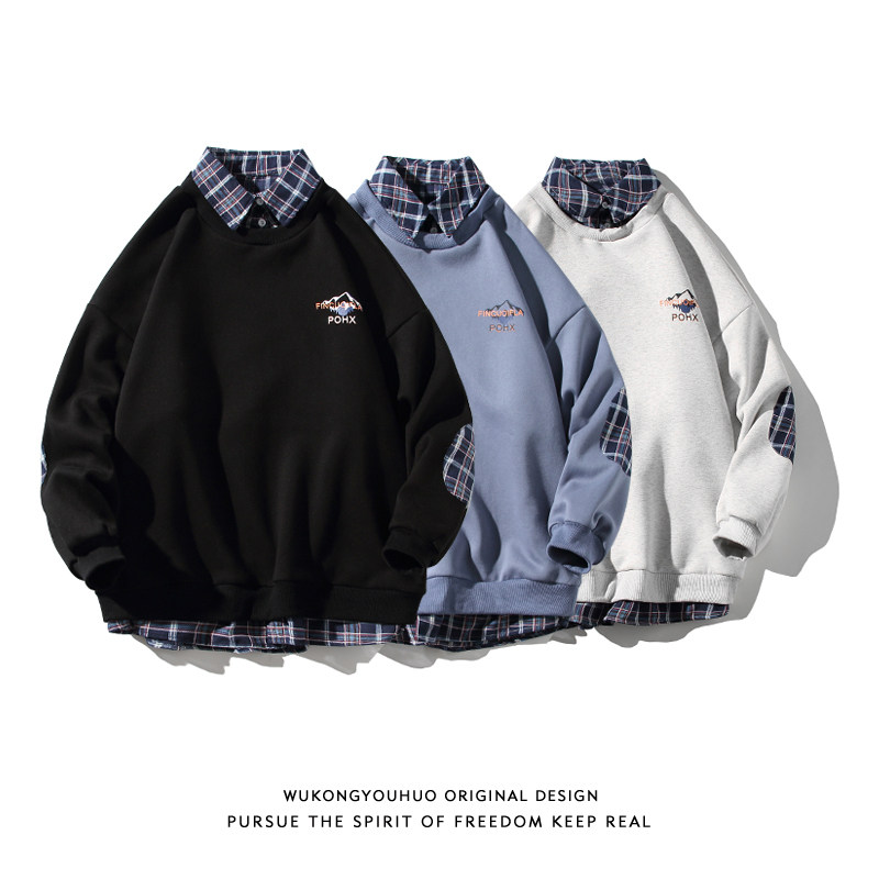 WUKONG 재고 있음 남성용 및 여성용 레트로 페이크 투피스 체크 무늬 스플라이스 라펠 스웨트 셔츠 트렌디 브랜드 루즈 칼리지 스타일 올 매치 탑