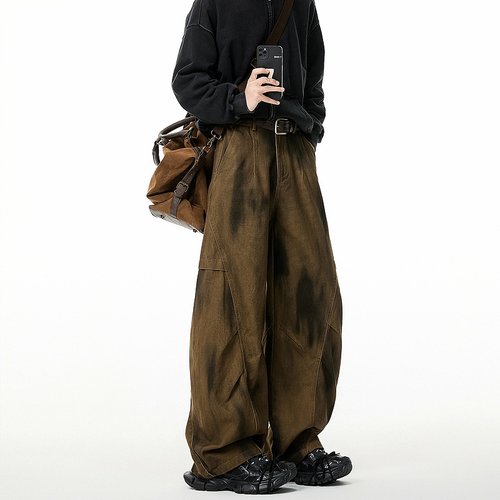 美式复古拼接脏染弯刀工装裤男