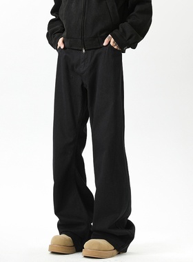 悟空有货美式街头cleanfit黑色微喇牛仔裤男宽松显瘦直筒拖地长裤