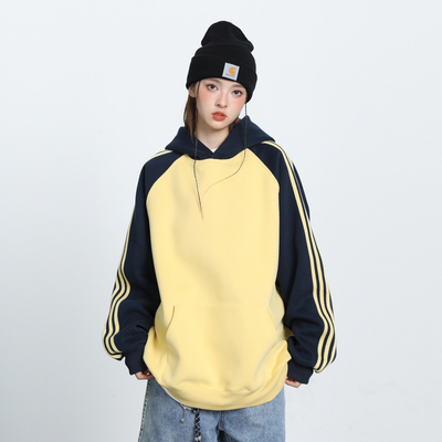 美式复古撞色条纹开衫连帽卫衣男