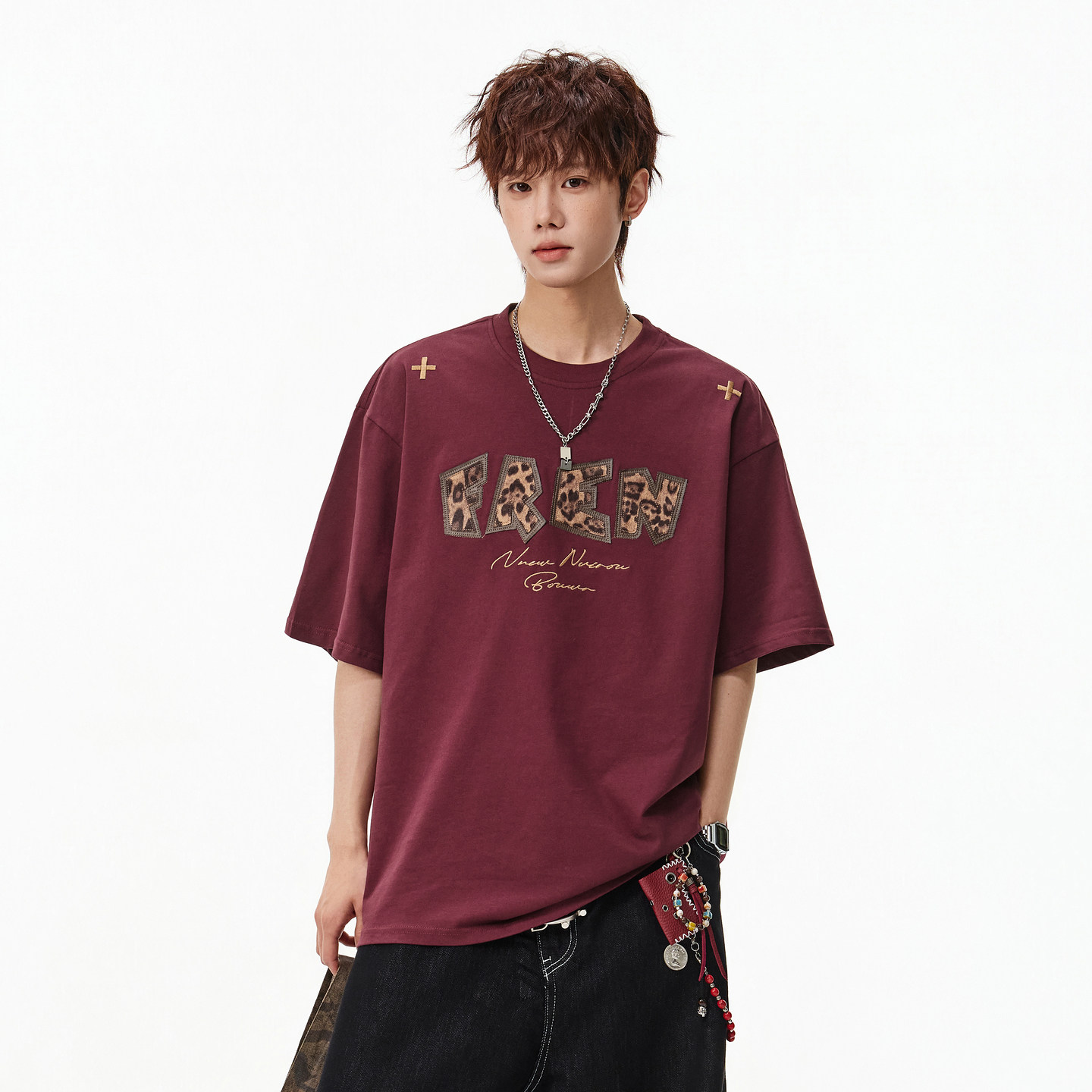 悟空有货潮牌美式字母贴布圆领短袖T恤男女夏季宽松情侣百搭体恤