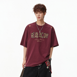 悟空有货潮牌美式字母贴布圆领短袖T恤男女夏季宽松情侣百搭体恤