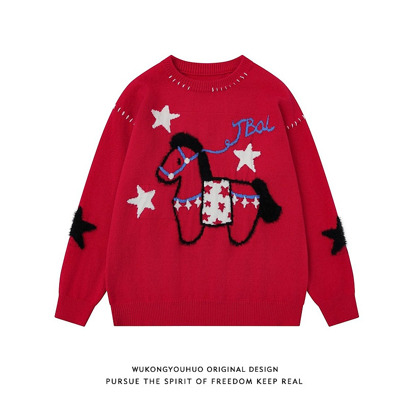 悟空有货本命年红色圆领针织衫男女秋季慵懒宽松休闲百搭套头毛衣,男装,针织衫/毛衣,淘宝优惠券,粉丝福利购,淘宝优惠卷