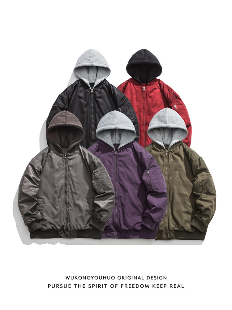 WUKONG HAS AMERICAN RETRO FAKE TWO-PIECE AVIATOR THICKENED COTTON CLOTHES FOR MEN AND WOMEN IN WINTER LOOSE AND TRENDY VERSATILE COTTON CLOTHES