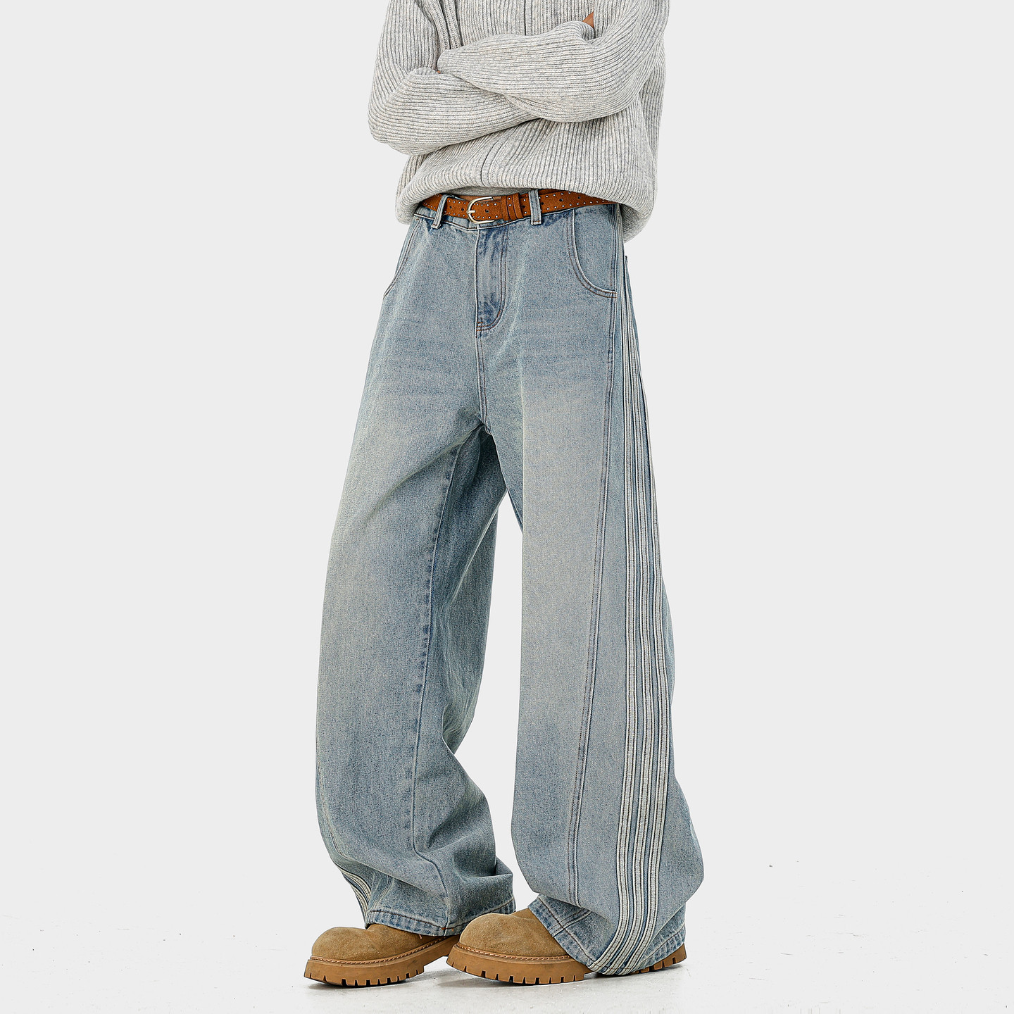 悟空有货潮牌美式条纹水洗弯刀牛仔裤男复古宽松潮流百搭阔腿长裤,男装,牛仔裤,淘宝优惠券,粉丝福利购,淘宝优惠卷