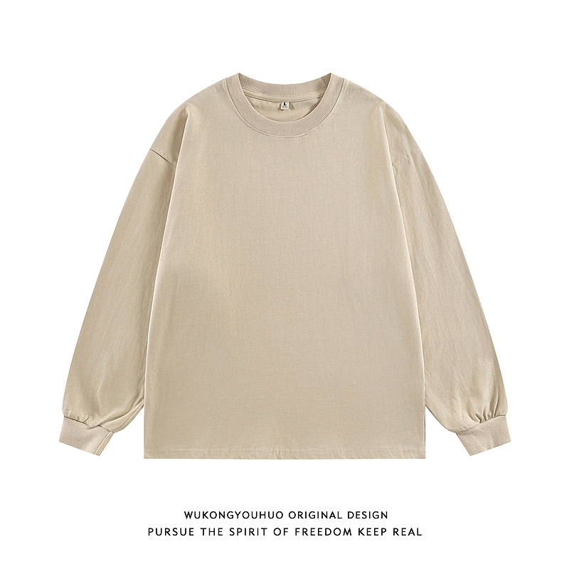悟空有货基础简约纯色圆领长袖T恤男秋季宽松休闲300G纯棉打底衫