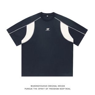 悟空有货潮牌夏季 T恤男女复古宽松情侣百搭上衣 撞色拼接圆领短袖