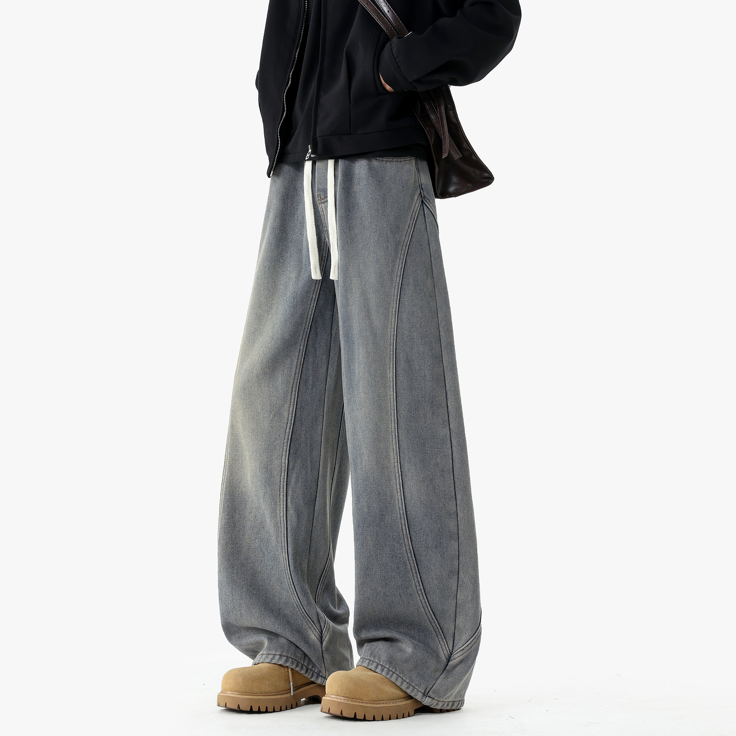 悟空有货潮牌美式解构拼接加绒水洗牛仔裤男宽松潮流阔腿保暖长裤