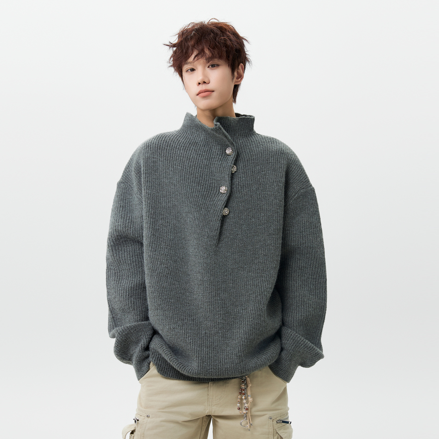 美式复古纽扣设计感立领毛衣男