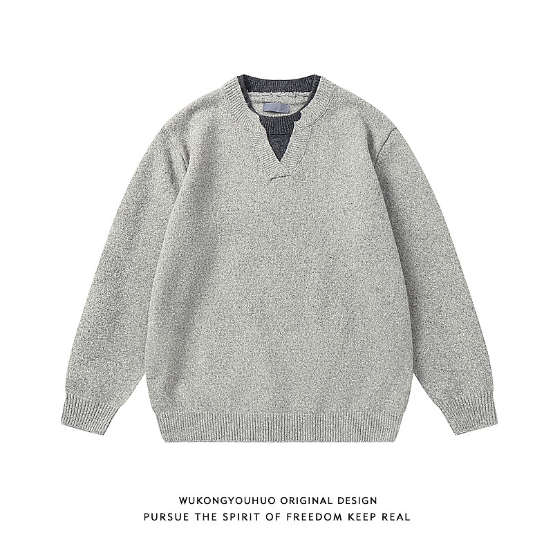 复古老钱风假两件圆领毛衣男秋季