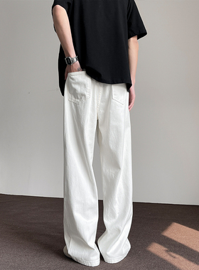 悟空有货美式复古白色直筒牛仔裤男潮牌宽松基础百搭阔腿休闲裤子