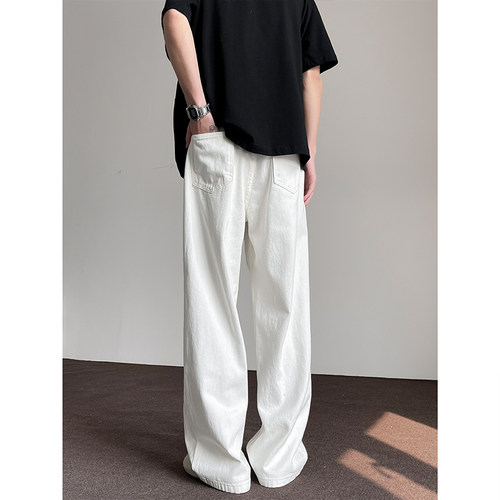 美式复古白色直筒牛仔裤男潮牌