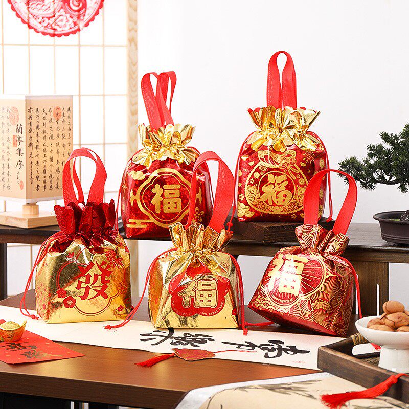 新年春节抽绳束口袋子福袋喜庆礼品包装手提覆膜无纺布
