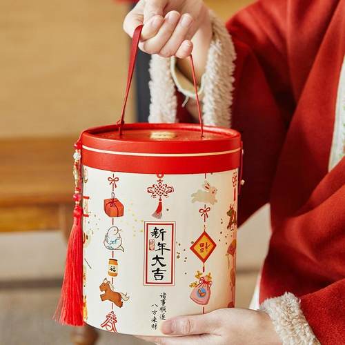 2026新年马年中式礼盒包装烘焙曲奇饼干糖果圆桶春节高端礼品盒空