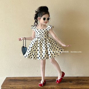 法式 女童波点方领连衣裙2025夏季 飞袖 小女孩韩版 复古公主裙子 新款