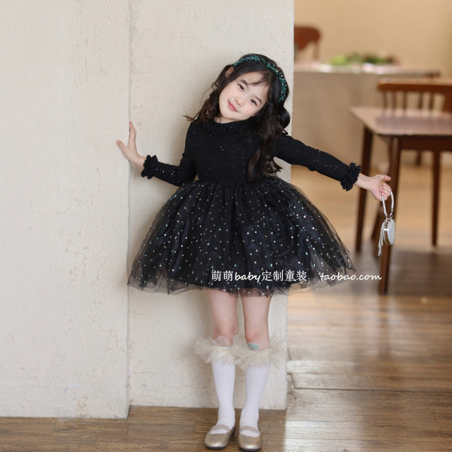 女童黑色加绒星星亮片网纱连衣裙