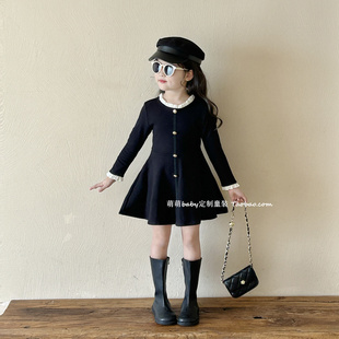 女童法式高级感拼接连衣裙2025秋季新款小女孩洋气设计感小黑裙子