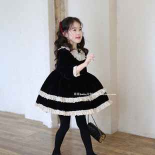 女童洛丽塔丝绒加绒连衣裙2025冬季新款儿童蕾丝花边大摆裙公主裙