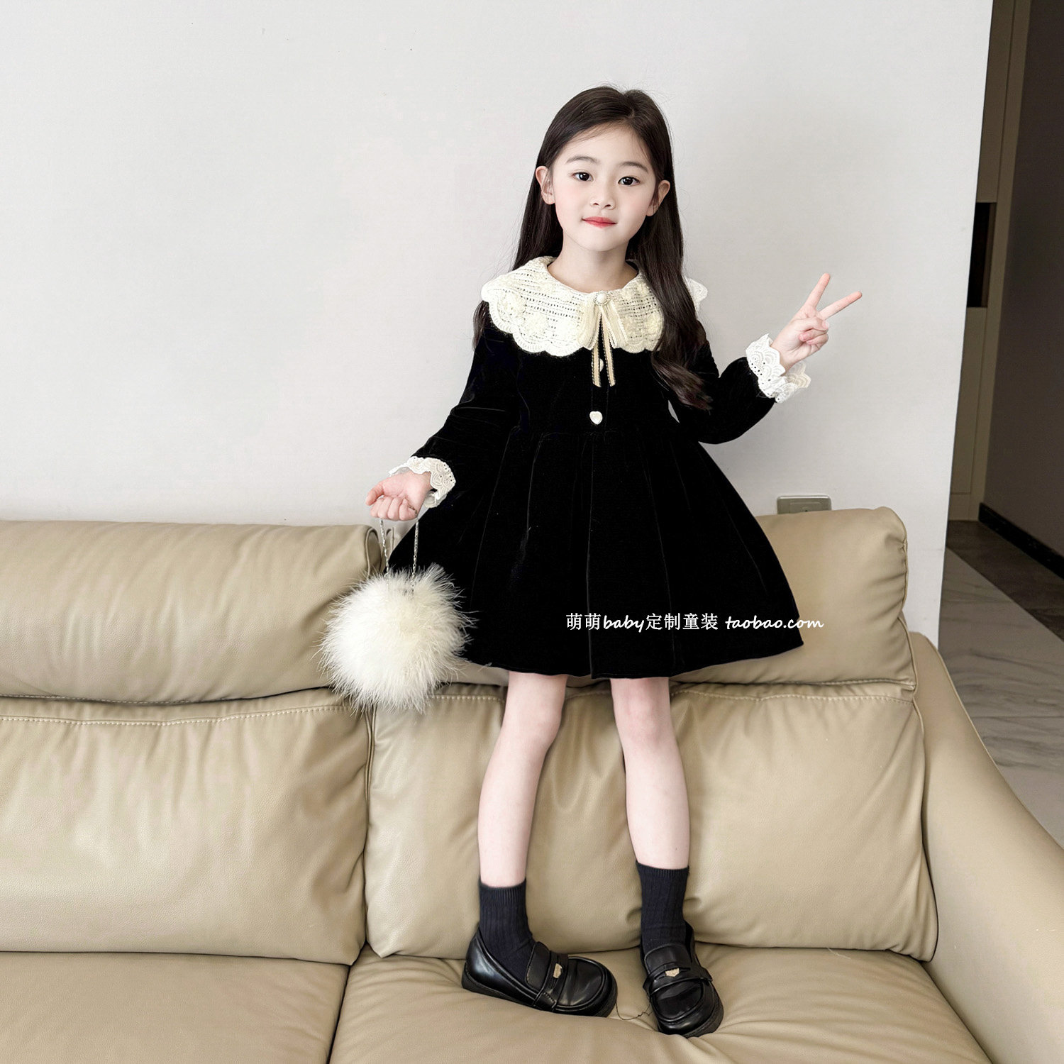 女童娃娃领小香风丝绒加绒连衣裙2025冬季新款女孩气质生日公主裙,童装/婴儿装/亲子装,连衣裙,淘宝优惠券,粉丝福利购,淘宝优惠卷