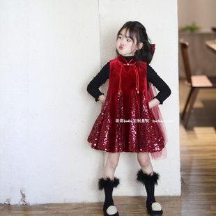 女童红色亮片拼接丝绒连衣裙2025冬季小女孩国风公主裙新年拜年服