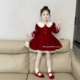 女童娃娃领钉钻红色丝绒新年裙加绒连衣裙2025冬季 新款 儿童公主裙