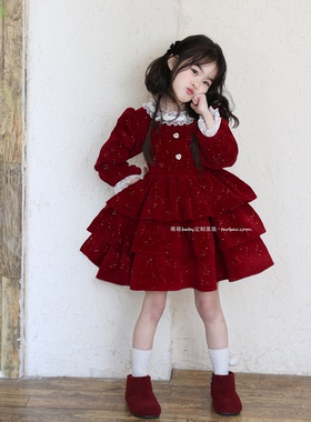 女童红色闪闪丝绒加绒连衣裙蛋糕裙2025冬季女孩公主裙新年蓬蓬裙