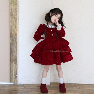 女童红色闪闪丝绒加绒连衣裙蛋糕裙2025冬季女孩公主裙新年蓬蓬裙