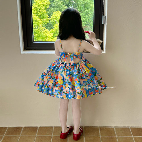 女童夏季蓝碎花吊带连衣裙
