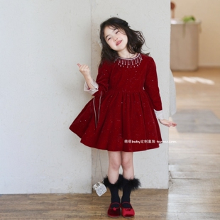 女童闪闪丝绒连衣裙2025冬季新款小女孩生日礼服公主裙加绒裙子