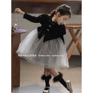 女童生日网纱公主裙礼服裙2024秋冬女孩闪闪丝绒加绒黑天鹅连衣裙