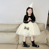 秋冬女童赫本风网纱公主裙2025新款 女孩丝绒亮片蝴蝶结加绒连衣裙