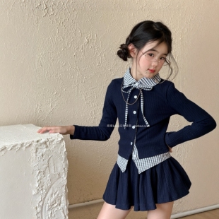 女童学院风格子拼接假两件套装2026秋季新款小女孩针织衫百褶裙子