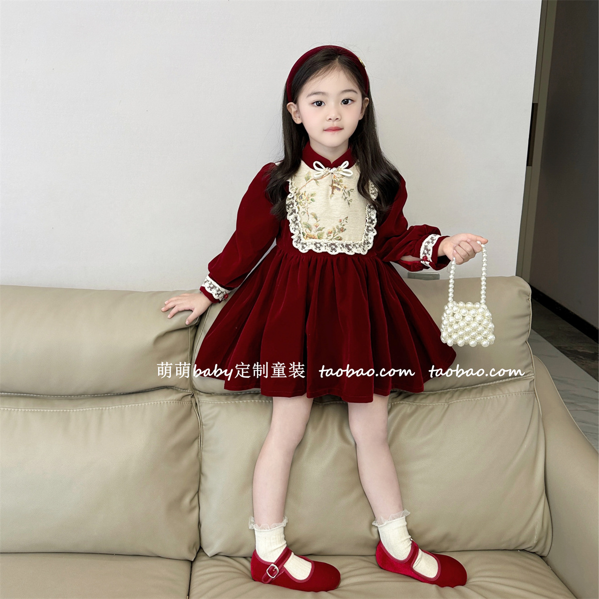 女孩中国风丝绒加绒连衣裙