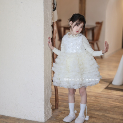 女童白色亮片加绒蛋糕公主裙