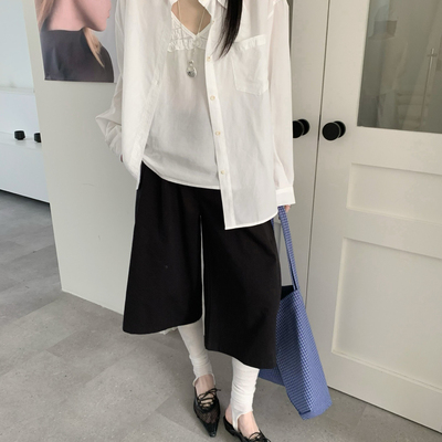 eternal.西子-大版纯色百搭衬衫+v领花边宽松背心两件套套装