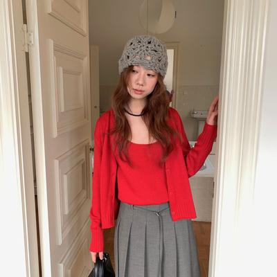 Lakemood-系圆领针织开衫+针织吊带背心两件套装