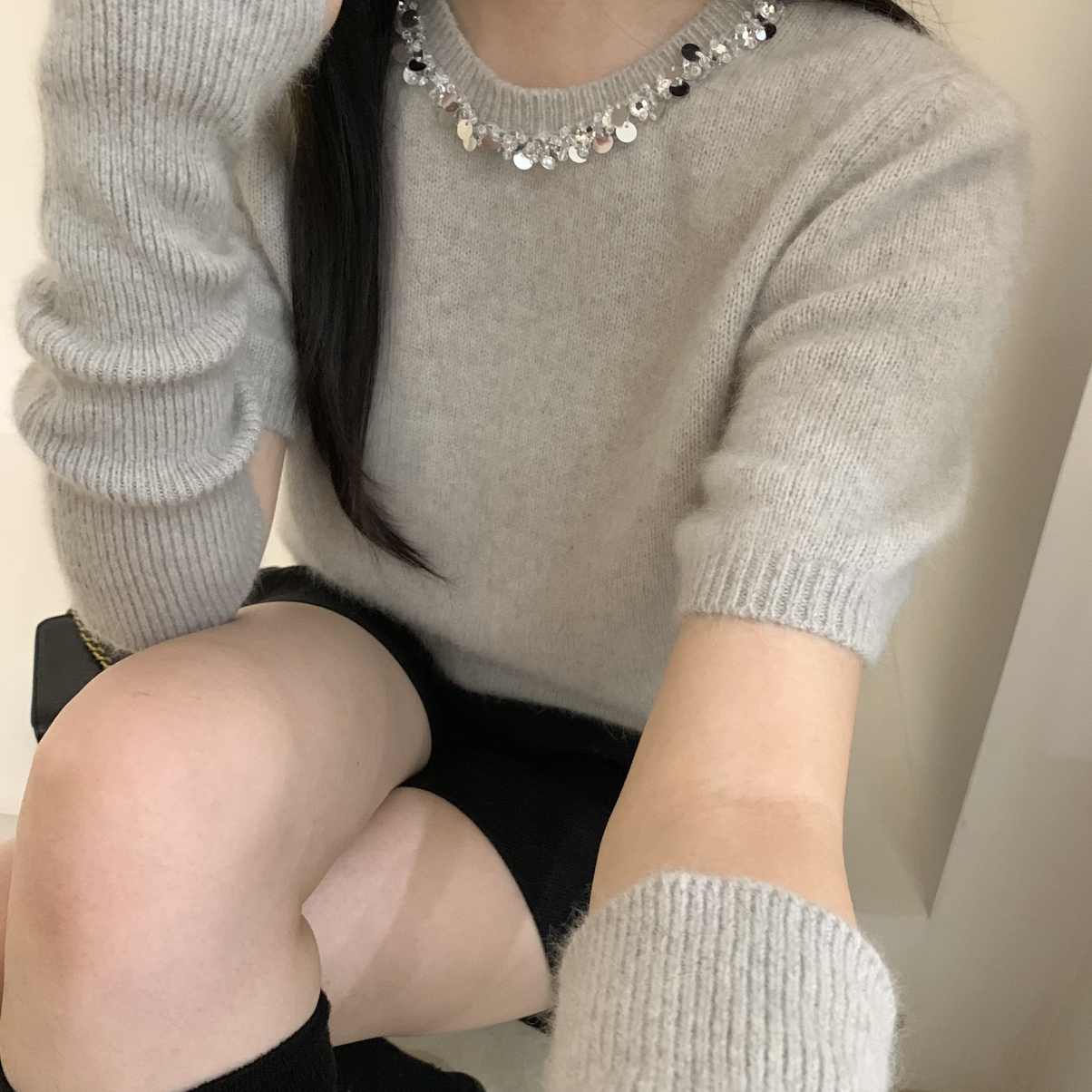 SHEEP.-系浣熊亮片圆领短袖保暖毛衣(配袖套)（含40浣熊绒