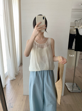 现货！韩国新款系薄纱涤纶滑滑面料微珠光透气舒适背心淑女