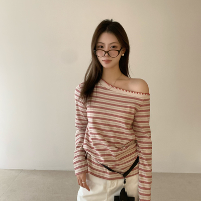 BLESSED MOMENT-肩领露肩显瘦条纹立体编织工艺长袖T恤