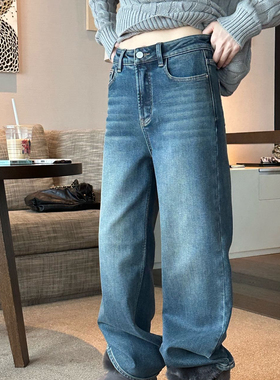 oker.-韩国新款复古加绒水洗牛仔裤阔腿休闲长裤