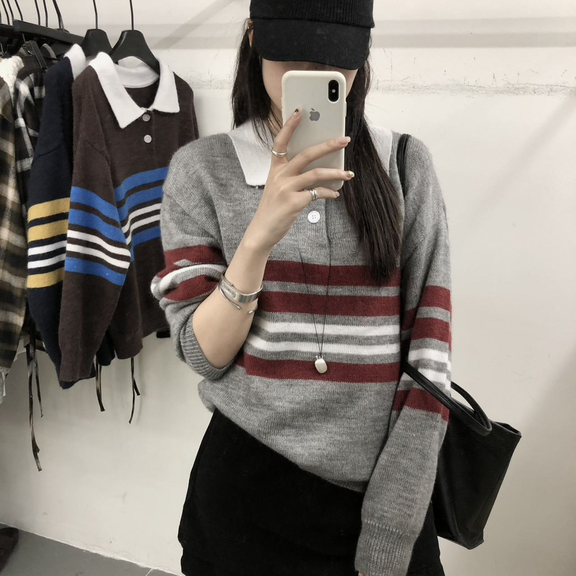 THEO秋上新条纹POLO领套头长袖保暖毛衣