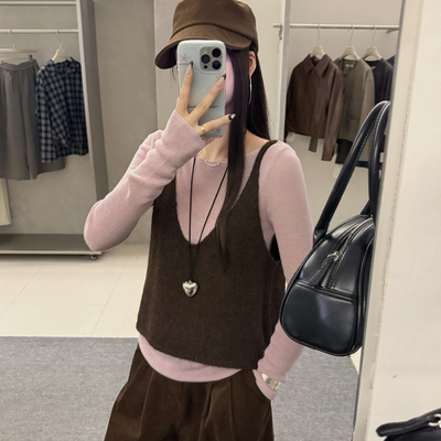 MK Hola Cute弛格调设计感v领叠背心纯色针织衫两件套套装